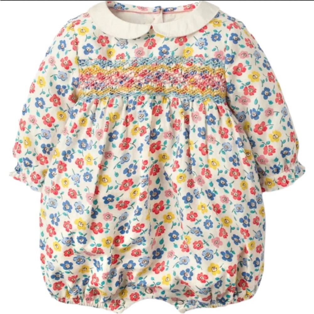 BABY BODEN floral Pelter pan collar long sleeve romper
